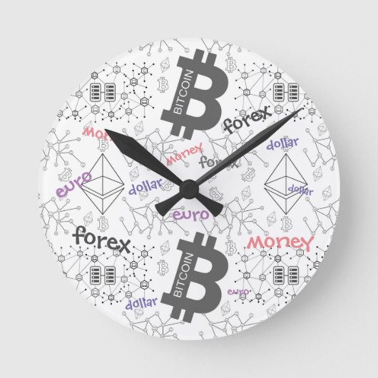 Forex、Money、Euro、Dollar、Bitcoinブロックチェーン ラウンド壁時計 (正面)