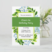 Forget-me-not blue flower 1st Birthday Green Party 招待状 (スタンド正面)