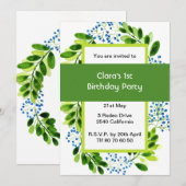 Forget-me-not blue flower 1st Birthday Green Party 招待状 (正面/裏面)