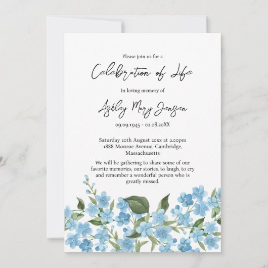 Forget me not Celebration of Life Photo Funeral  招待状 (裏面)