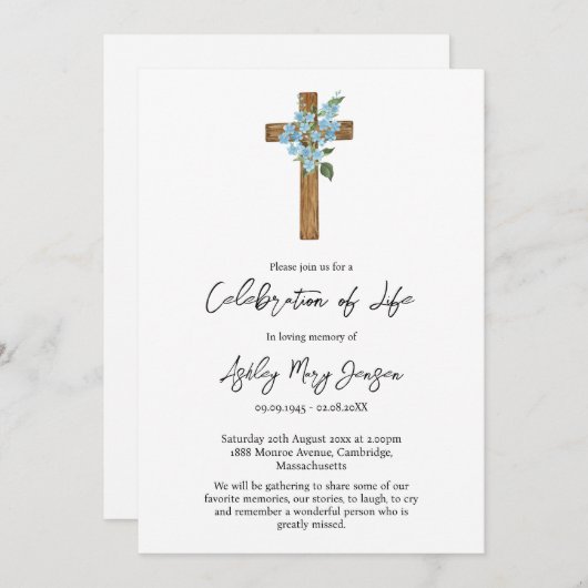 Forget me not Cross Celebration of Life Funeral 招待状 (正面/裏面)