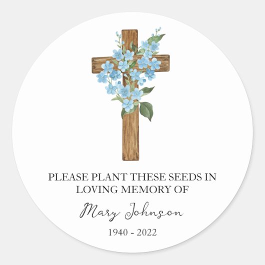 Forget me not Cross Memorial Funeral Seed Packet ラウンドシール (正面)