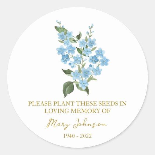 Forget me not Memorial Funeral Seed Packet ラウンドシール (正面)