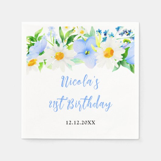 Forget-Me-Nots and Daisies Floral Birthday スタンダードカクテルナプキン (正面)