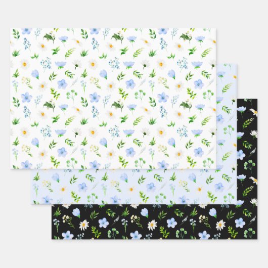 Forget Me Nots and Daisies with Foliage Pattern ラッピングペーパーシート (セット)