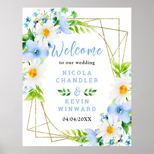 Forget-Me-Nots Daisies Floral Wedding Welcome Sign ポスター (正面)