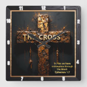 Forgiven Redemption Gold Cross Ephesians 1:7 スクエア壁時計 (正面)