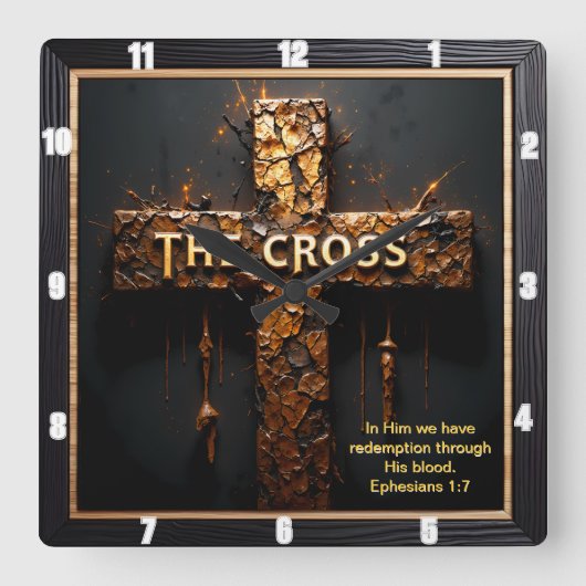 Forgiven Redemption Gold Cross Ephesians 1:7 スクエア壁時計 (正面)