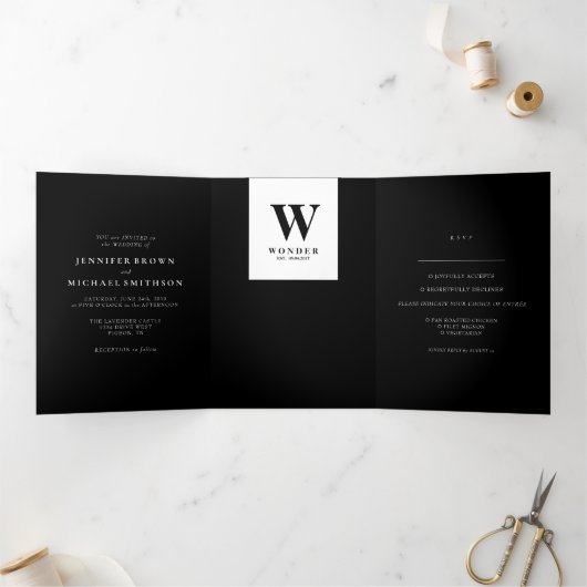 Formal Black Modern Monogram Design Wedding 三つ折りカード (内部)