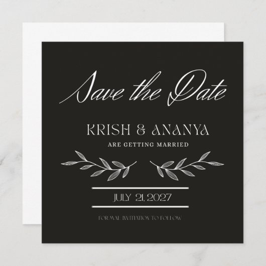 Formal Black Save the Date with White Font 招待状 (正面/裏面)