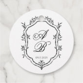 Formal Black & White Floral Monogram Crest Wedding フェイバータグ (裏面)