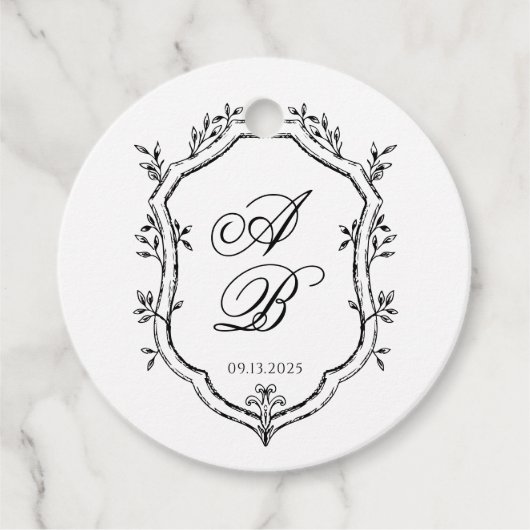 Formal Black & White Floral Monogram Crest Wedding フェイバータグ (正面)