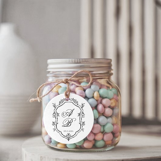 Formal Black & White Floral Monogram Crest Wedding フェイバータグ