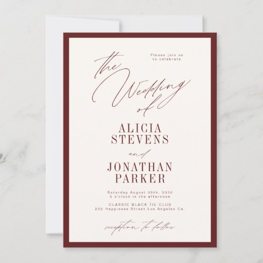 Formal burgundy ivory classic typography wedding 招待状 (正面)