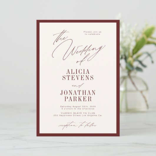 Formal burgundy ivory classic typography wedding 招待状 (スタンド正面)