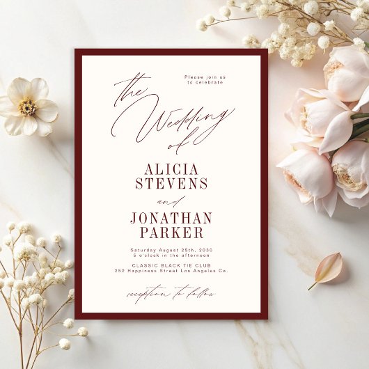 Formal burgundy ivory classic typography wedding 招待状