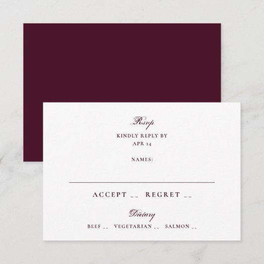 Formal Burgundy Script Wedding 出欠カード (正面/裏面)
