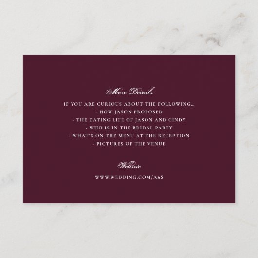 Formal Burgundy Wedding Website Details エンクロージャーカード (正面)