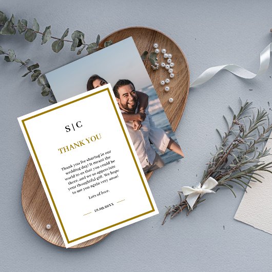 Formal Classic Black Gold Monogram Photo Wedding サンキューカード