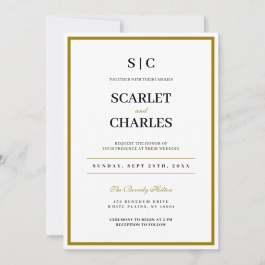 Formal Classic Black Gold Monogram Wedding 招待状 (正面)