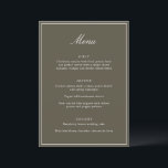 Formal Classic Border Olive Script Elegant Wedding メニュー<br><div class="desc">This formal wedding menu card features an elegant script heading, clean serif typography, and a classic border on an olive background for a timeless reception look. The structured layout presents each course clearly while adding a refined, cohesive touch to table settings or place settings. Designed to coordinate seamlessly with classic...</div>