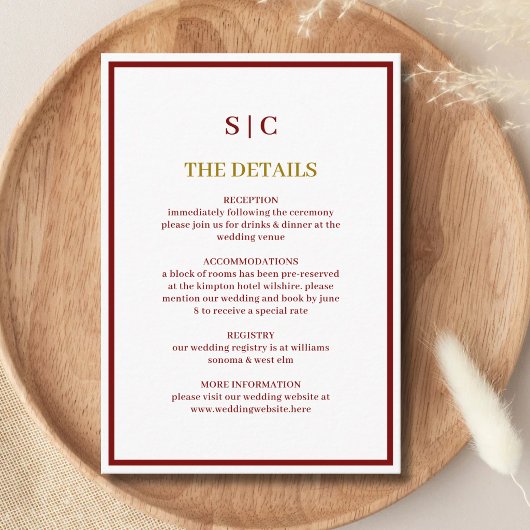 Formal Classic Burgundy & Gold Monogram Wedding エンクロージャーカード