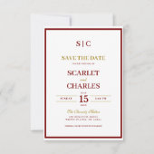 Formal Classic Burgundy & Gold Monogram Wedding セーブザデート (正面)