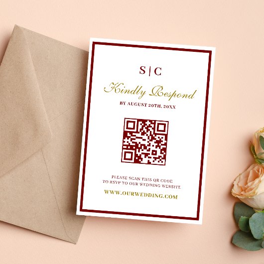 Formal Classic Burgundy & Gold Monogram Wedding 出欠カード