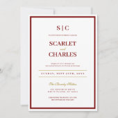 Formal Classic Burgundy & Gold Monogram Wedding 招待状 (正面)