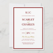 Formal Classic Burgundy & Gold Monogram Wedding 招待状 (正面)