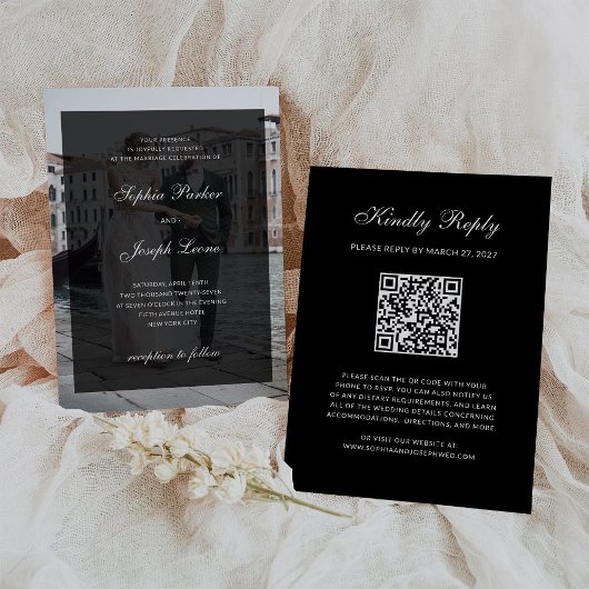 Formal Classic Dark Overlay QR Code Photo Wedding 招待状