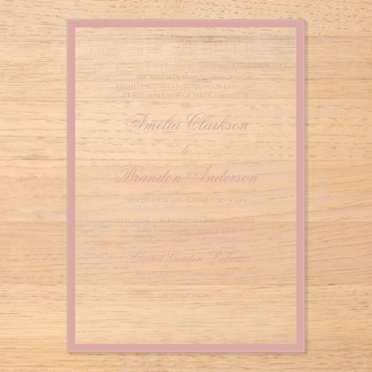 Formal Classic Dusty Rose Border Script Wedding アクリル招待状 (正面)