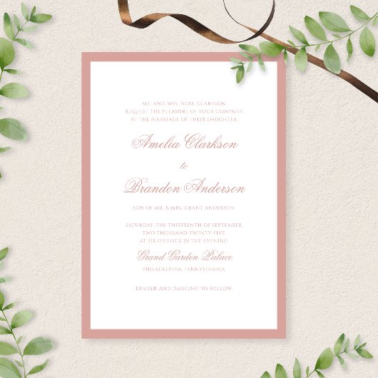 Formal Classic Dusty Rose Border Script Wedding 招待状