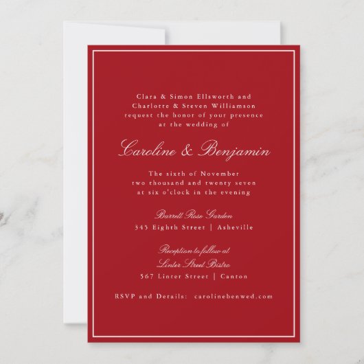 Formal Classic Red Script Elegant Wedding RSVP 招待状 (正面)