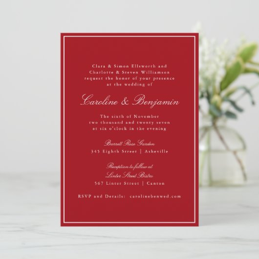 Formal Classic Red Script Elegant Wedding RSVP 招待状 (スタンド正面)