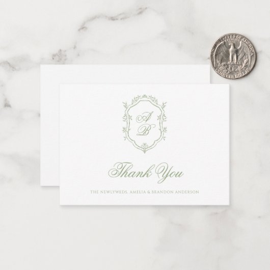 Formal Classic Sage Green Monogram Crest Wedding ノートカード (正面/裏面インサイチュ)