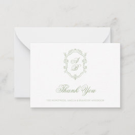 Formal Classic Sage Green Monogram Crest Wedding ノートカード