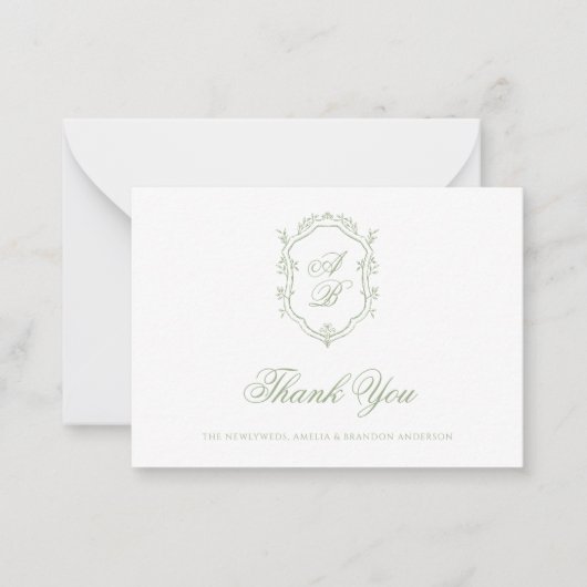 Formal Classic Sage Green Monogram Crest Wedding ノートカード (正面)