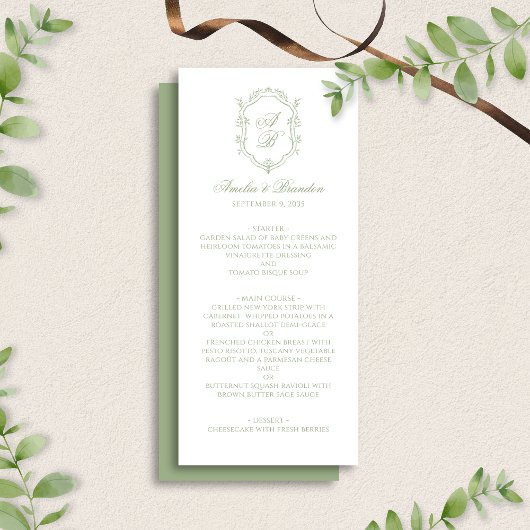 Formal Classic Sage Green Monogram Crest Wedding メニュー