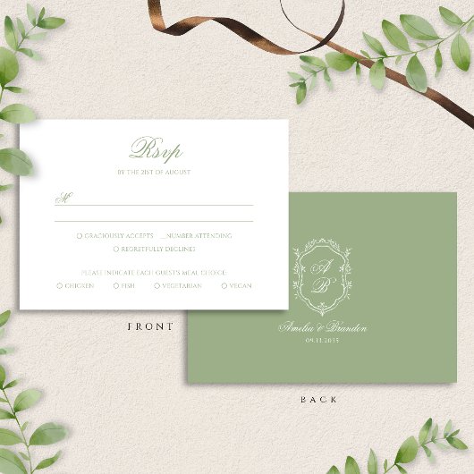 Formal Classic Sage Green Monogram Crest Wedding 出欠カード