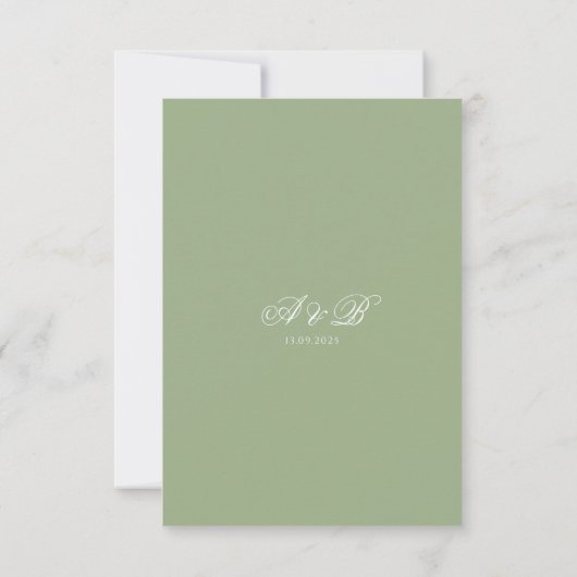 Formal Classic Sage Green Monogram Script Wedding 出欠カード (裏面)