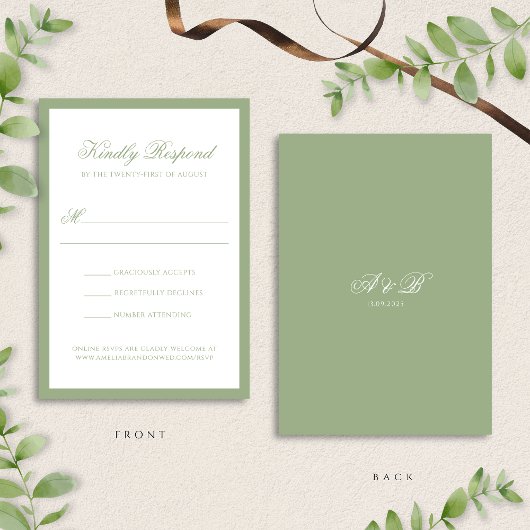 Formal Classic Sage Green Monogram Script Wedding 出欠カード