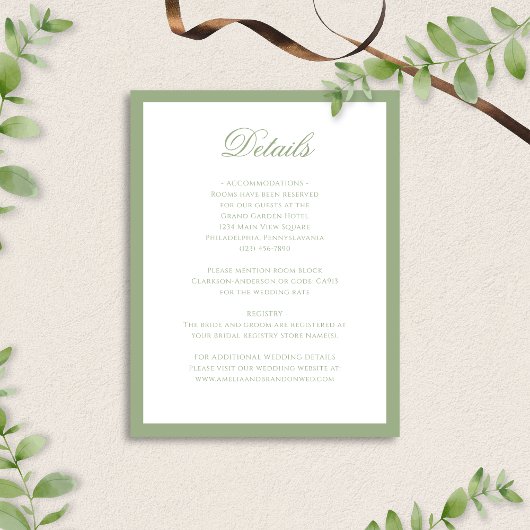 Formal Classic Sage Green Script Wedding Details エンクロージャーカード