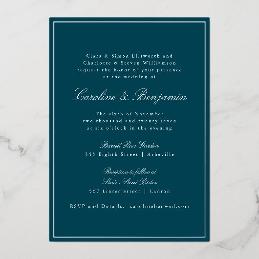 Formal Classic Teal Silver Border Elegant Wedding  箔招待状 (正面)