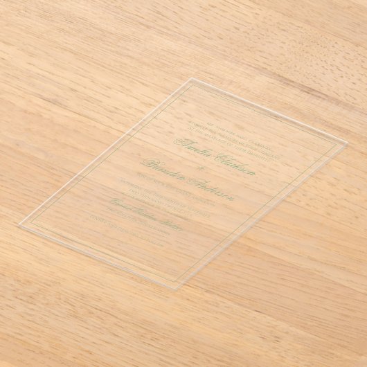 Formal Clear Sage Green Border Script Wedding アクリル招待状 (レイダウン)