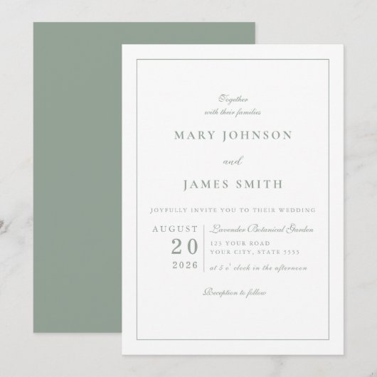 Formal Crest Sage Green Monogram Wedding 招待状 (正面/裏面)