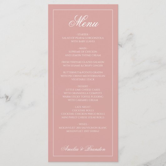Formal Dusty Rose & White Border Script Wedding メニュー (正面)