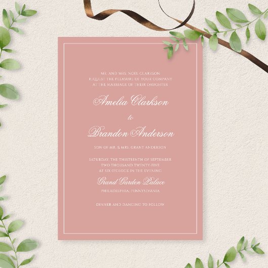 Formal Dusty Rose & White Border Script Wedding 招待状