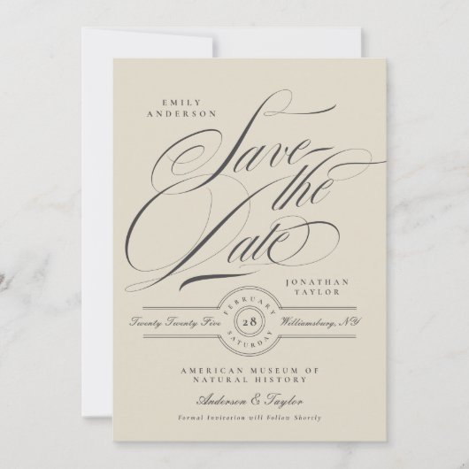 Formal Elegant Calligraphy Black Tie Photo セーブザデート (正面)