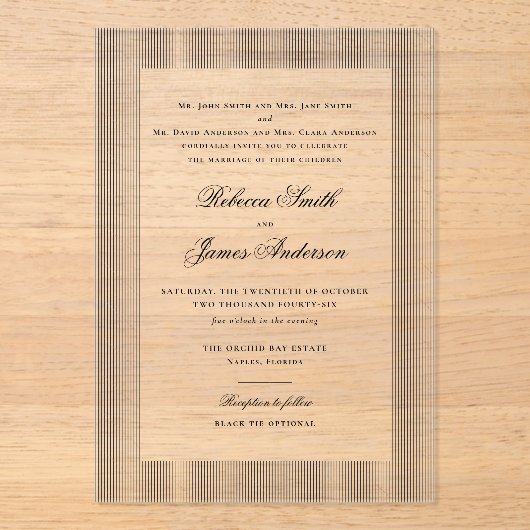 Formal Elegant Classic Black Stripes Wedding アクリル招待状 (正面)